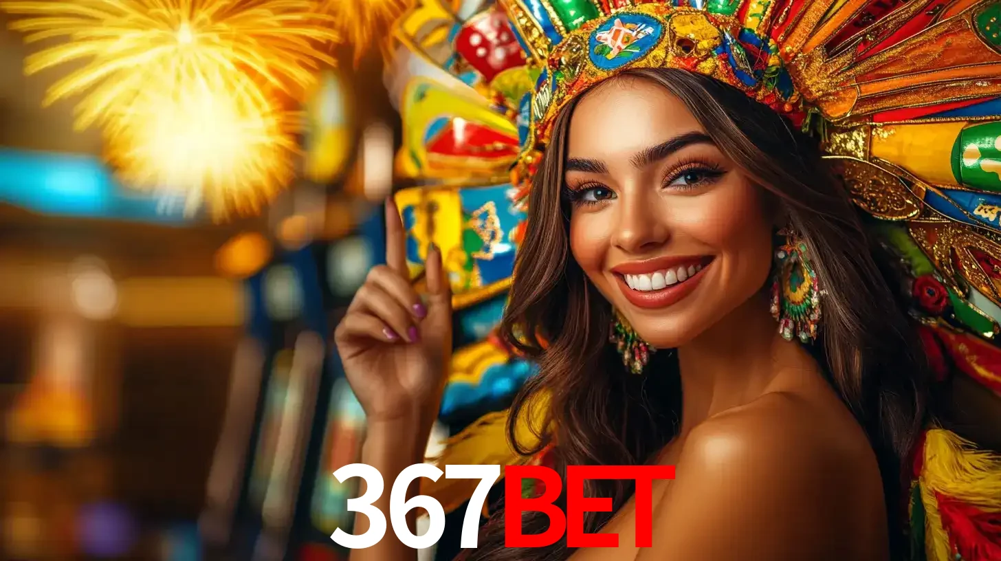 Mulher sorridente com um cocar de carnaval vibrante e colorido, celebrando uma grande vitória nos jogos do cassino 367bet com fogos de artifício ao fundo.