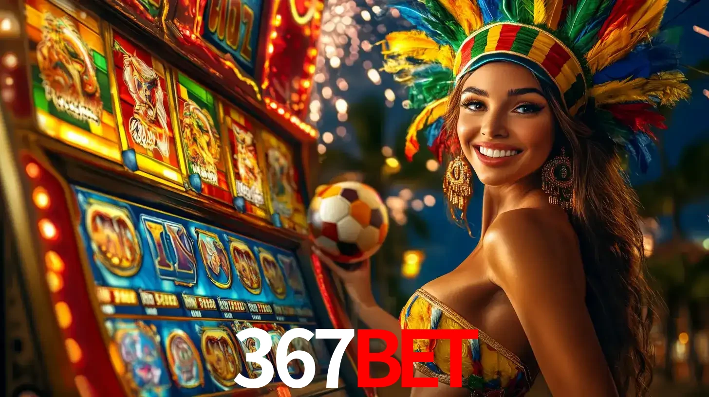 Mulher com um cocar de carnaval ao lado de uma máquina de caça-níqueis enquanto segura uma bola de futebol, mostrando a união da diversão de cassino e esportes no 367bet.