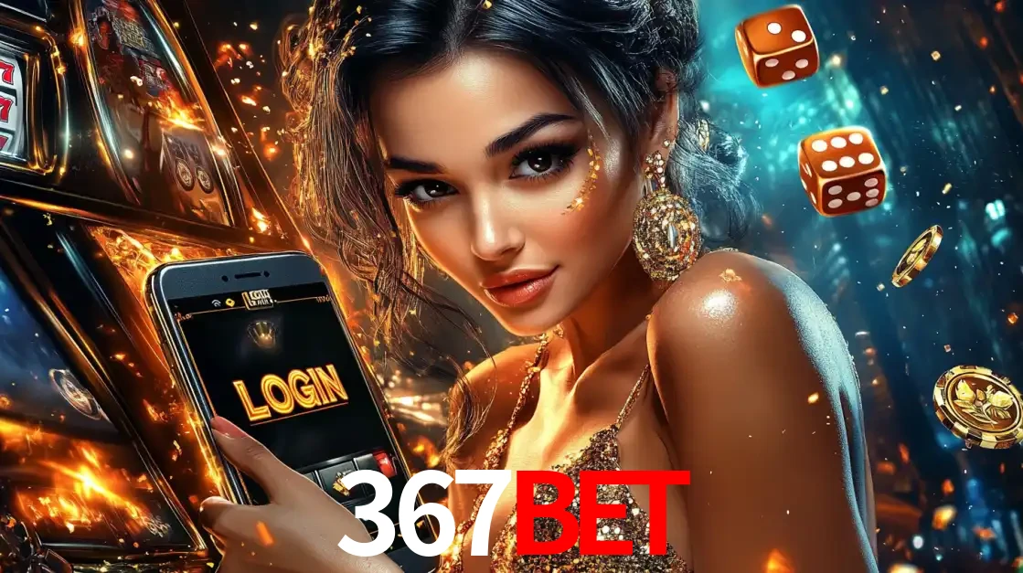 Mulher glamourosa segurando um celular com a tela de login do cassino 367bet, rodeada por dados e moedas douradas, pronta para começar a diversão.