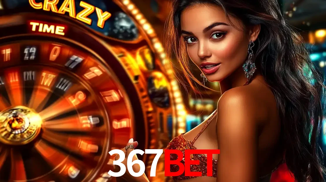 Mulher ao lado da roda de prêmios do jogo de cassino ao vivo Crazy Time, um dos shows de jogos mais emocionantes oferecidos pela plataforma de apostas 367bet.
