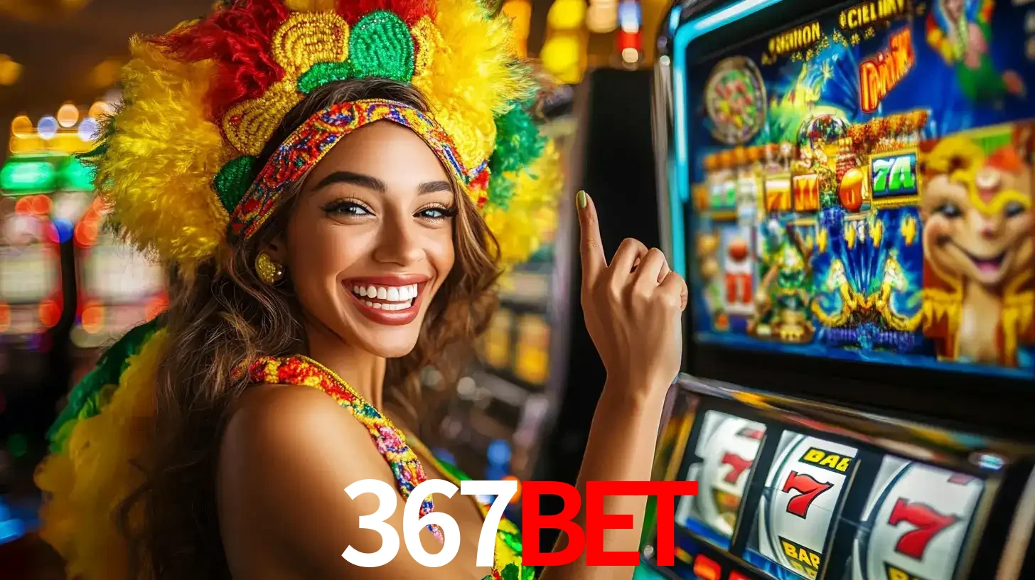 Mulher animada com um cocar de carnaval apontando para uma máquina de caça-níqueis, mostrando a emoção de ganhar um grande prêmio nos jogos do 367bet.