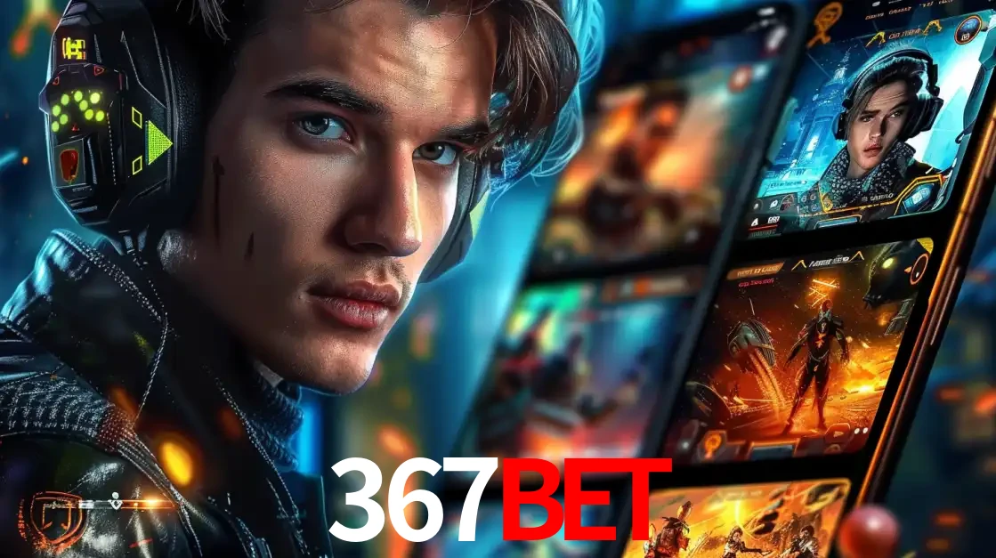 Jovem jogador com fones de ouvido olhando para a câmera, com um aplicativo de jogos e e-sports para celular ao fundo, pronto para a competição e apostas no 367bet.