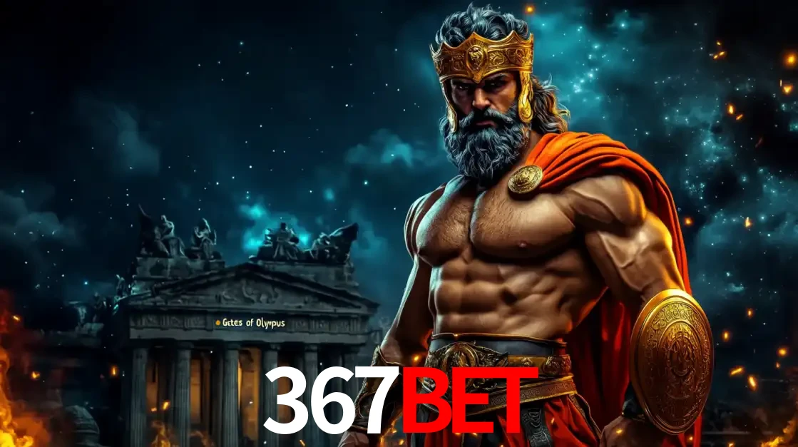 O poderoso Zeus do jogo de slot Gates of Olympus em frente ao seu templo, pronto para lançar multiplicadores divinos e prêmios épicos no cassino online 367bet.