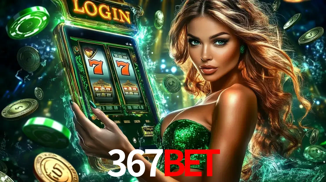 Mulher com tema verde apresentando o aplicativo do cassino 367bet com um jogo de slot de 777, cercada por fichas de cassino e uma aura de sorte.