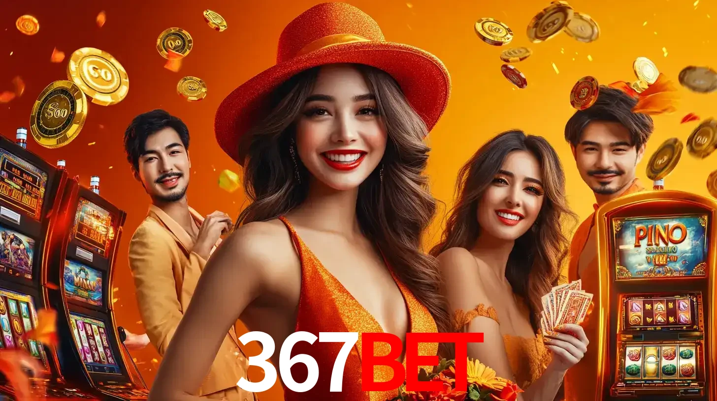 Grupo de amigos asiáticos sorrindo e se divertindo com máquinas de caça-níqueis em um ambiente festivo, celebrando suas vitórias nos jogos de cassino do 367bet.