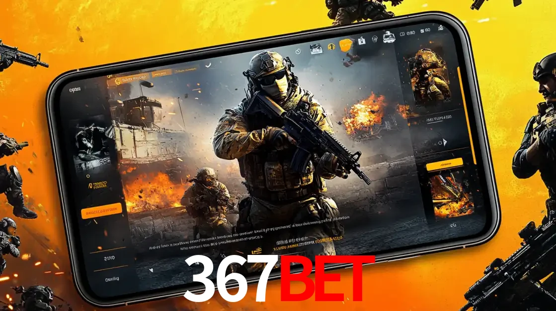 Um smartphone exibindo a interface de um jogo de tiro em primeira pessoa, com um soldado em um cenário de batalha, representando a ação dos e-sports para apostar no 367bet.
