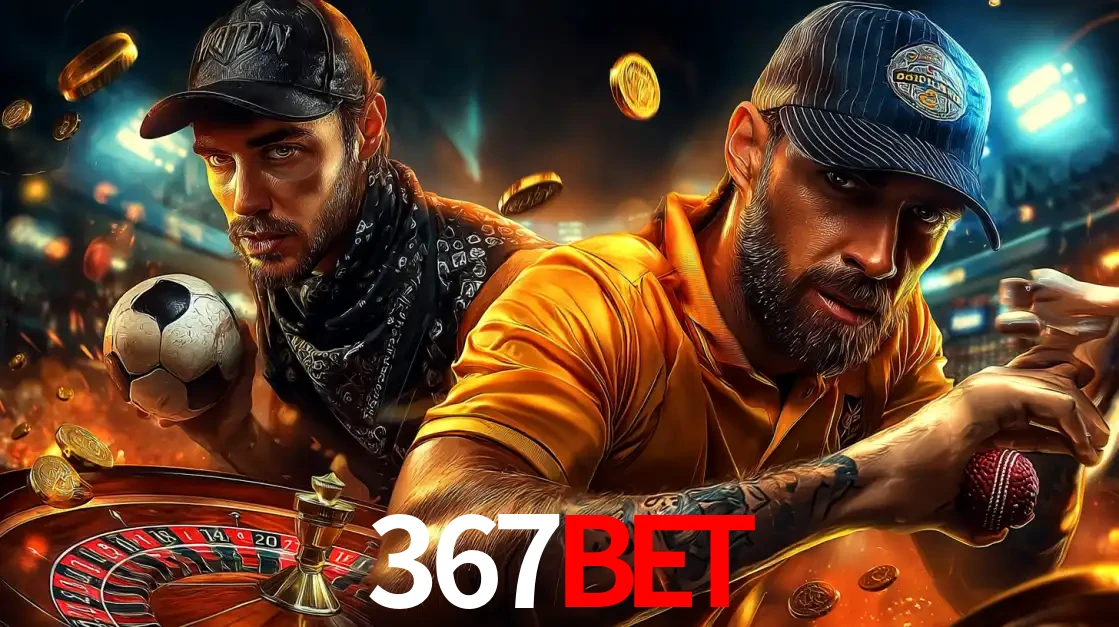 Montagem de apostas esportivas e cassino no 367bet, com um homem segurando uma bola de futebol e outro uma de beisebol sobre uma roleta e moedas voadoras.