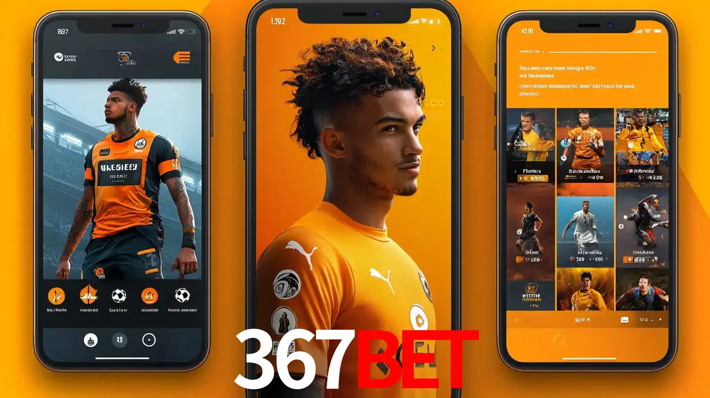 Interface do aplicativo de apostas esportivas 367bet em três telas de celular, mostrando o perfil de um jogador de futebol e a lista de jogos disponíveis para apostar.