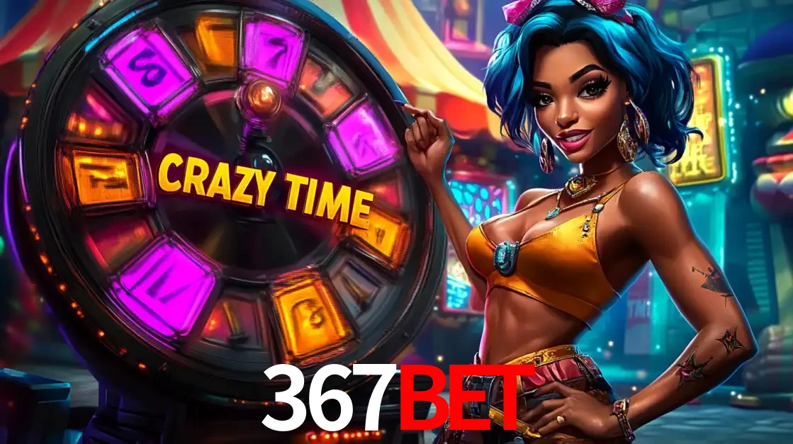 Mulher estilizada com cabelo azul e visual vibrante posando ao lado da roda de prêmios do game show Crazy Time, convidando para a diversão e os bônus do cassino 367bet.