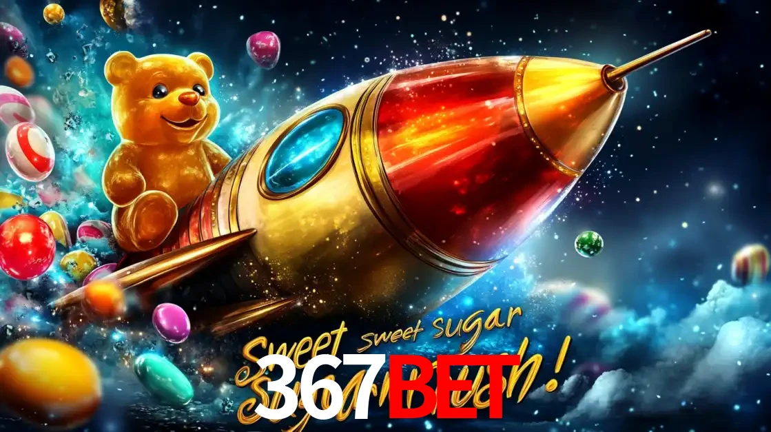 Arte promocional do jogo de slot Sugar Rush, com um urso de pelúcia em um foguete viajando pelo espaço de doces, um dos jogos divertidos disponíveis no cassino 367bet.