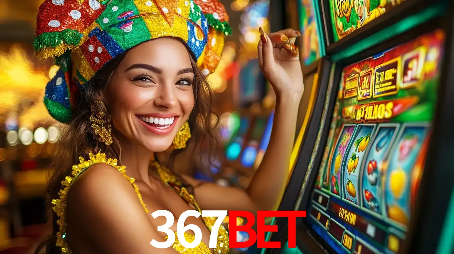 Mulher feliz com traje de carnaval amarelo e colorido ao lado de uma máquina de caça-níqueis, aproveitando a diversão e os jogos temáticos do cassino 367bet.