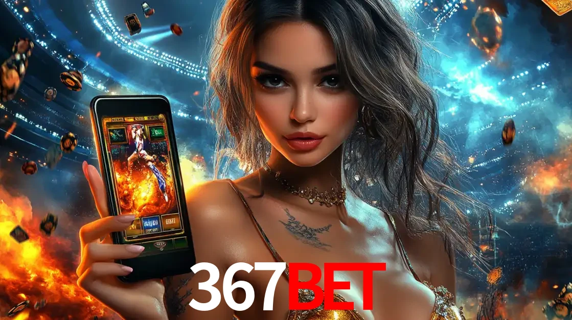 Mulher segurando um celular com um jogo de slot em destaque, tendo como fundo um estádio vibrante, simbolizando a emoção de jogar no cassino móvel 367bet.