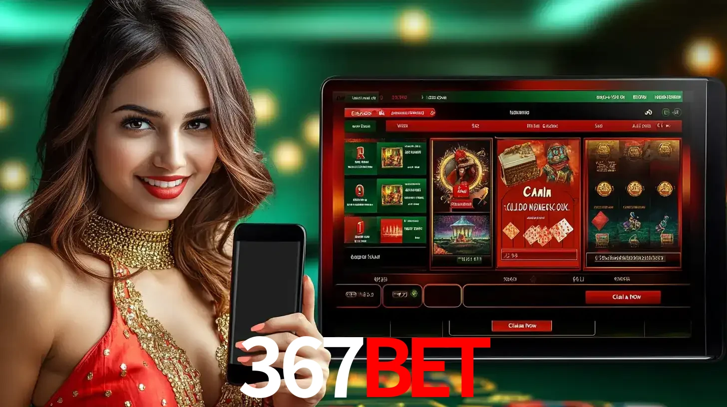 Mulher sorridente segurando um smartphone, ao lado de uma tela exibindo o lobby de jogos do cassino online 367bet, com várias opções de jogos de cartas e slots.